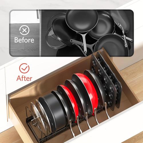 ORDORA Pots and Pans Organizer under Cabinet with Pan Holder: Expandable 11.8-22.8 Kitchen Cabinet Organizer Rack, 12 Adjustable Dividers Storage for Cookie Sheets, Cutting Boards & Lid Cookware
