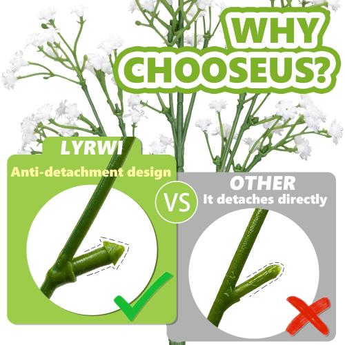 7-Pcs 21” Secure-Stem Realistic Artificial White Babys Breath (Gypsophila) Flowers with No-Shedding Design — Perfect for Wedding Centerpieces, Home Decor & Vase Fillers