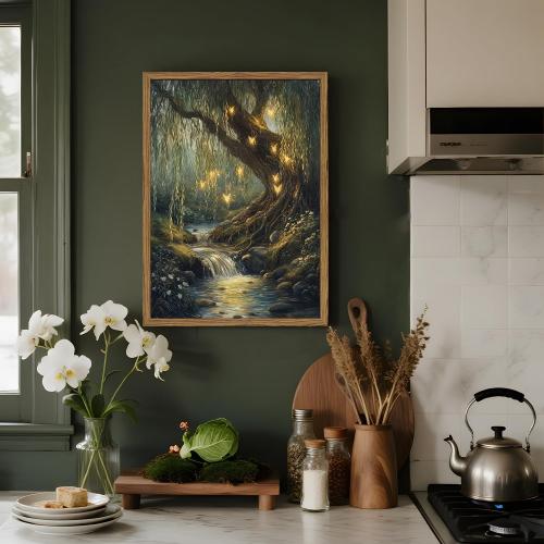 Vintage Forest Fairy Wall Art Whimsical Cottagecore Tree Fairy Wall Decor Painting Magical Landscape 3D Texture Hand Drawn Sandstone Artwork for Bedroom Living Room 12x16 inch Wood Framed