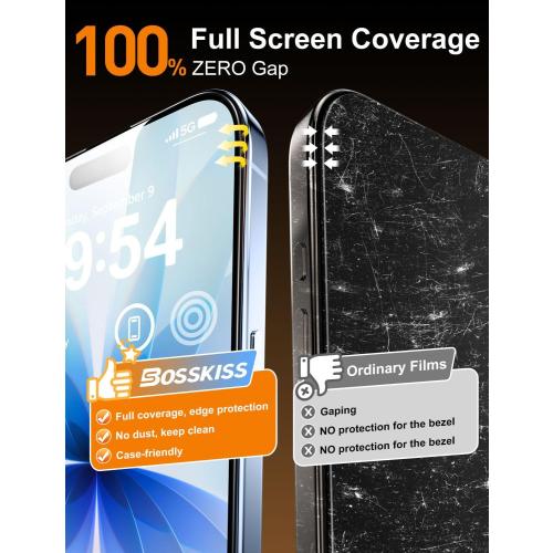 BossKiss for iPhone 17 pro max Screen Protector 6.3 inch, [TOP 9H  Hardness] [Military Grade Shatter Protection] [Sensitive Touch] [Easy Installation] [HD Clear] Full Coverage Tempered Glass 2 Pack