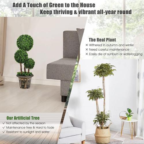 Artificial Boxwood Topiary Tree, 2.5ft Triple Ball Shaped Faux Topiary Tree w/Weighted Pot, Metal Frame, Fake Green Potted Plants Decoration for Indoor/Outdoor/Home/Office, Set of 2