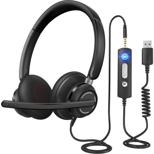 BLACK USB Headset with Microphone for PC, Wired Headphones with Noise Cancelling Mic, Computer Headset with in-line Controls, 3.5mm & USB Plug for Zoom, Skype, Call Center, Office Use, Black