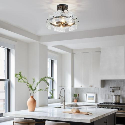 XINGQI Black Ceiling 4-Light Modern Farmhouse Water Ripple Glass Ceiling Lighting Fixture 15.7 Drum Ceiling Lights for Bedroom Dining Room Living Room Hallway Entryway