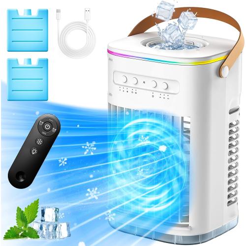 FANCOLE 4-IN-1 Small Air Conditioner w/ 2 Ice Packs, 16.5ft Remote, 1200ML Tank, 7H Smart Timer, 3Speed & 2Cool Mist Personal Air Conditioner, 7-Color Light Portable AC Unit for Bedroom Cover 100Sq.ft