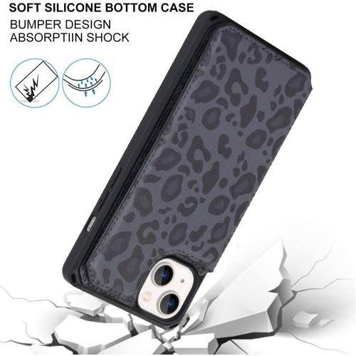Color Black Cover for iPhone 13 Case with Card Holder, for iPhone 13 Wallet Case for Women Men, Stand and Strap,Leopard Grain Shockproof Protective Phone Cover-Black