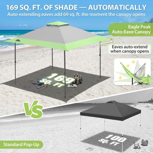 EAGLE PEAK 13x13 Pop Up Canopy Tent, Auto Extended Eaves, Gray | Easy Setup, Heavy Duty Outdoor Canopy Tent, Pop Up Gazebo for Backyard, Patio, Camping & Parties, Wheeled Carry Bag, UPF 50