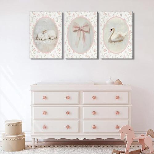 3Pcs Pink Vintage Nursery Canvas Wall Art Cute Animal Rabbit Swan Bow Flower Posters Prints Baby Girl Room Picture Wall Decor for Girls Room Bedroom Decorations Ready To Hang