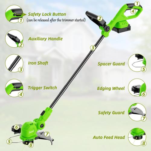GREEN 12-inch 20V Cordless String Trimmer with Charger, 2 X 2.0Ah Battery Powered Grass Mover with Auto Line Feed, 2 in 1 Lawn Edger with 8 Pcs Grass Cutter Spool Line and 2 Spool Cap, Green
