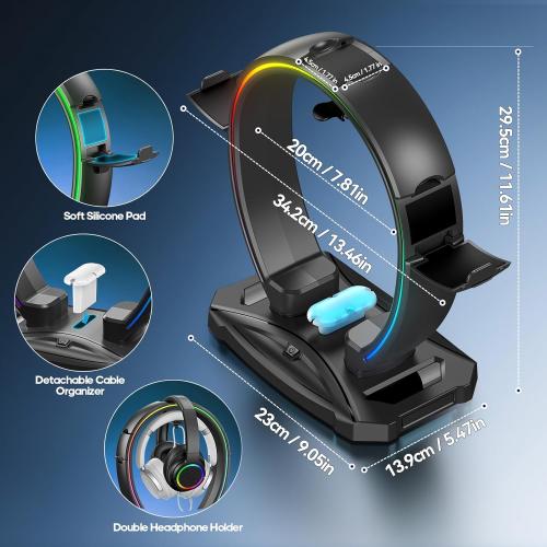 KDD RGB Headphone & Controller Stand with 9 Light Modes - Foldable Controller Hanger for Desk - Earphone Stand with Cable Organizer - for Gamers Desktop Accessories