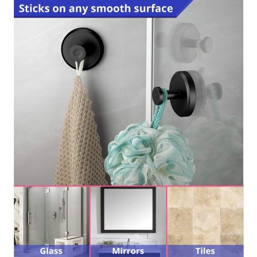 HOME SO Suction Cup Hooks for Shower, Bathroom, Kitchen, Glass Door, Mirror, Tile – Loofah, Towel, Coat, Bath Robe Hook Holder for Hanging up to 15 lbs – Waterproof & Rustproof, Matte Black (2-Pack)