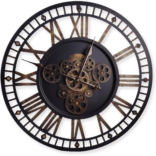 24 Inch Large Digital Wall Clock with Real Moving Gears-Round Silent Vintage Industrial Metal Farmhouse Clock for Bedroom, Battery Operated, Roman Numeral, Golden