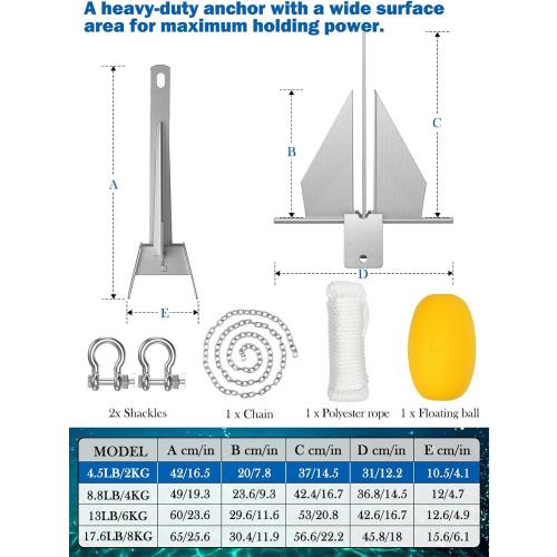 Size 38ft Abimars Boat Anchor Kit, 4 Sizes Fluke Anchor with Float, Chain, Rope, Hot-Dipped Galvanized Steel Anchor for Watercraft Up to 38FT