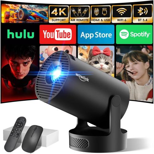 [Built-in Apps & 2026 Upgraded] Mini Projector with WiFi 6 and Bluetooth 5.4 Support 4K 1080P Auto Keystone 180° Rotatable Projector Portable Compatibile with HDMI/TV Stick/Memory Stick/Laptop