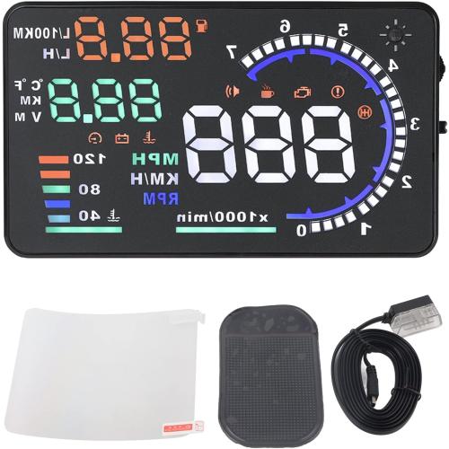 5.5'' HUD Head Display, Windshield Screen Projector Vehicle Speed, Hud Overspeed Alarm, Km/h MPH, OBDII/EUOBD Interface Plug Car Hud Screen