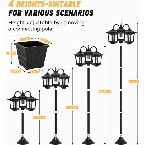 3-Head Solar Lamp Post with Planter, 74 Solar Light Flower Pot Lamp Post, 60Lm Waterproof Solar Light Poles for Outside, Garden, Patio, Yard, Driveway, Replaceable Bulb
