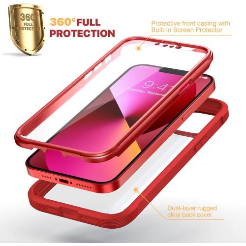Diaclara Designed for iPhone 13 Case, Full Body Rugged Protection with Built-in Touch Sensitive Screen Protector, Soft TPU Bumper Case for iPhone 13 6.1 (Red and Clear)