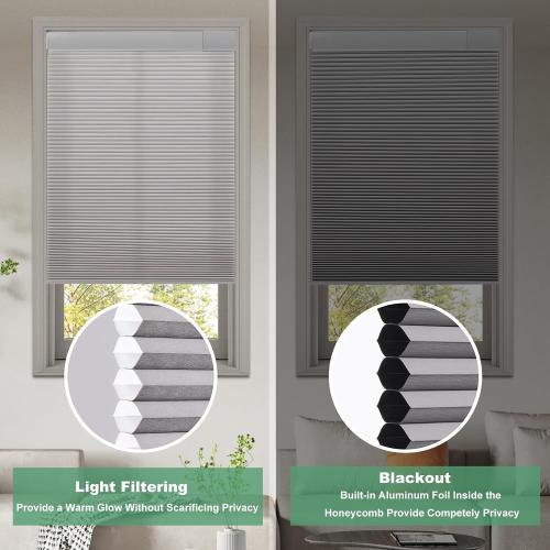 Tonature No Drill Cellular Shades for Indoor Windows, Thermal Insulating & Noise Reducing Honeycomb Blinds, Free Stop Cordless Blackout Shades, Grey, 26 1/2 W x 64 H