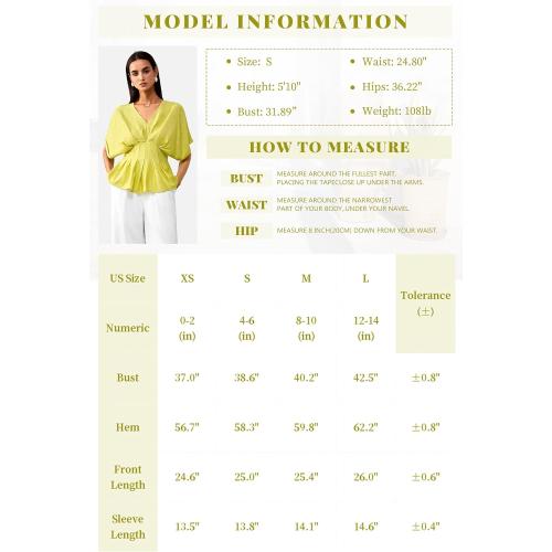 Women's Lightweight Crinkled V-Neck Peplum Waist Blouse-Batwing Short Sleeves Shirt-Casual Flowy Top (25H109 Yellow M)