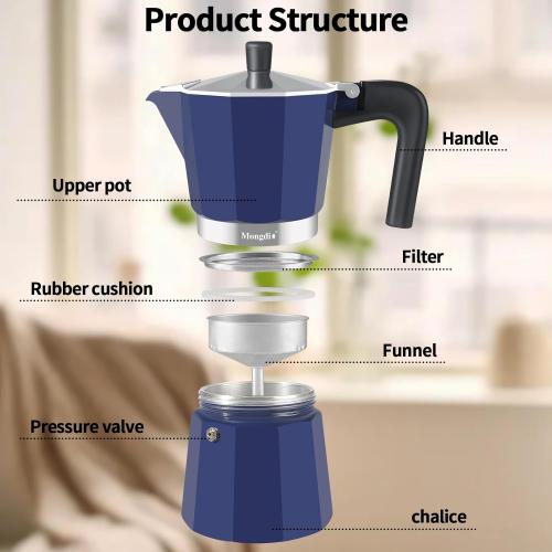 Mongdio Stovetop Espresso Maker Moka Pot, Stove Top Cuban Coffee Maker, Italian Greca Mocha Pot, 9 Espresso Cups, 15 oz - Blue