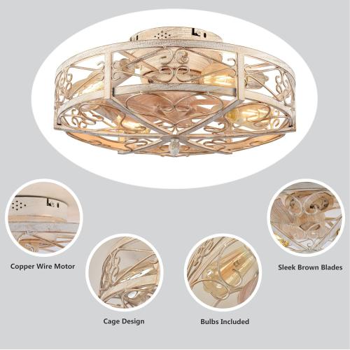 Size 20 Caged Ceiling Fan with Light,Vintage Rustic Farmhouse Kitchen Decor,Bladeless Ceiling Fans with Lights and Remote,Low Profile Fan for Bedroom,Reversible 6 Speeds Motor,4 E26 Bulbs Included