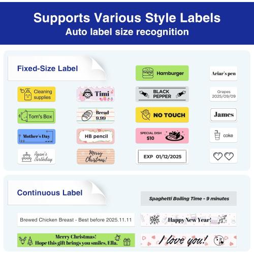 SUPVAN E11 Bluetooth Label Maker Machine with 4 Tapes, Support Keyboard & App with 30  Fonts and 660  Icons, Rechargeable Inkless Labeler for Home, Kitchen, Office, School, Organization, Black