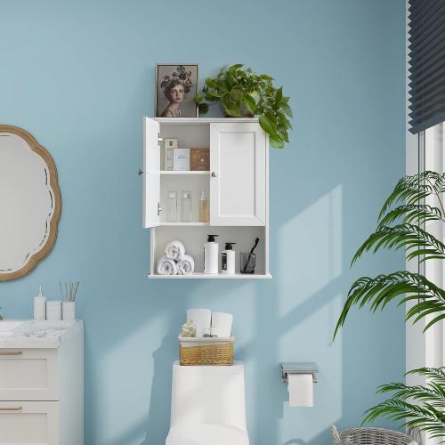 VANIRROR White Bathroom Wall Mounted Cabinet Wooden Over the Toilet Storage | Above Toilet Medicine Cabinets with 2 Door & Adjustable Shelf for Kitchen, Laundry Room, Entryway,Durable MDF Construction