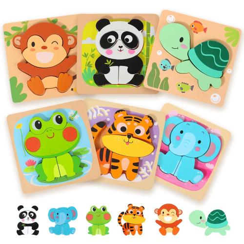 Wooden Puzzles for Toddlers 2-4, 6 Pack Animal Shape Puzzle Montessori Toys for 1 2 3 Year Old, Educational Learning Toys for Girls Boys