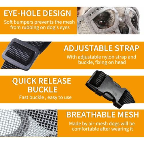 Size Small BARKLESS Short Snout Dog Muzzle, Breathable Mesh Flat Faced Muzzle for French Bulldog Shih Tzu and Pug, Mask Bulldog Mouth Cover for Biting Chewing Licking (Grey, S)