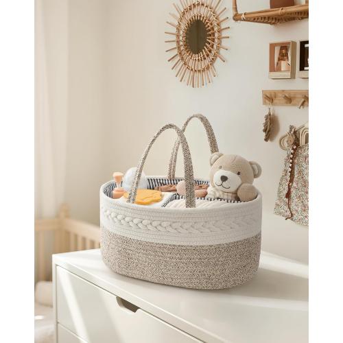 Maliton Baby Diaper Caddy Organizer, X-Large Cotton Rope, Rustic Style, Portable, 3 Compartments, A-Brown