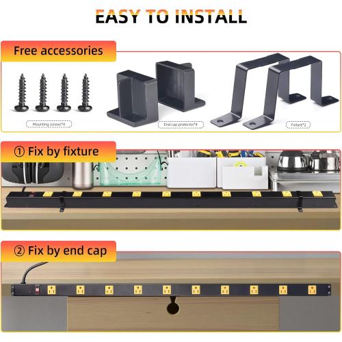 10 Outlet Long Power Strip Surge Protector, Heavy Duty Industrial Metal Power Strip 6 Feet, Wall Mountable, for Work Bench, Shop, Garage, Black (1000 Joules)