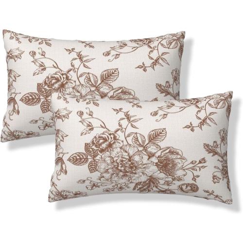 Dark Brown Floral Lumbar Pillow Covers 12x20 Set of 2 Vintage Chinoiserie Flower Decorative Throw Pillowcases Farmhouse Rectangle Cushion Case for Couch Bed Sofa Chair Outdoor Home Decor