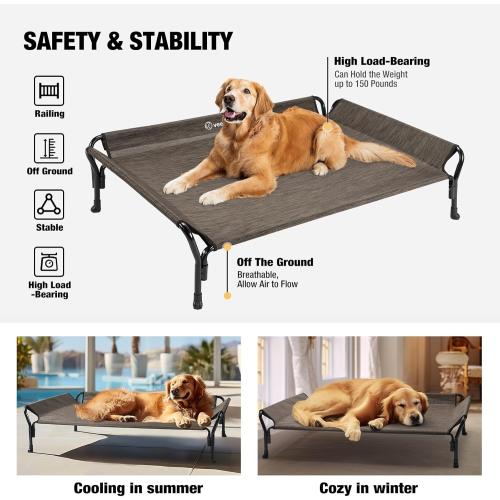 Veehoo Cooling Elevated Dog Bed, Raised Pet Cot with Guardrail & Slope Headrest, Durable Breathable Teslin Mesh, Non-Slip Feet, Washable Dog Couch Bed for Indoor & Outdoor, Large 47 x 32, Brown