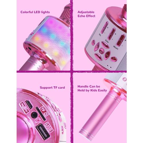 Amazmic Toys for Girls, Kids Karaoke Microphone Toddler Microphone for Kids with Lights, for Girls, Birthday Party Boys Toy Age 3 4 5 6 7 8 (Light Pink)
