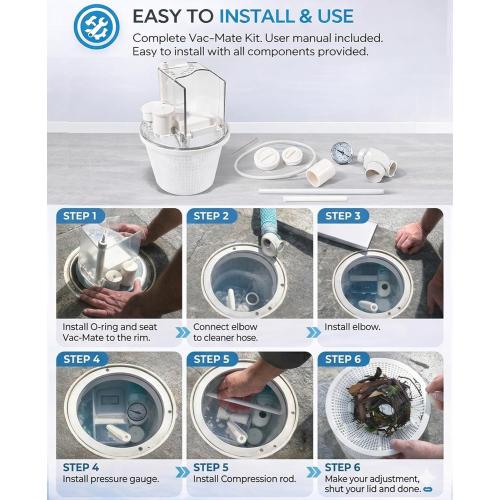 R211100 Vac-Mate Pool Cleaner Dispenser Box – Multi-Function Vacuum Skimmer Attachment – Includes Basket, Pressure Gauge & Easy Install Kit