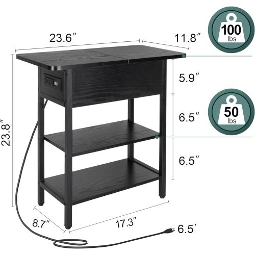 Yoobure End Table with Charging Station, Flip Top Side Table with USB Ports and Outlets, Sofa Couch Table Bedside Table for Living Room Bedroom, Narrow Nightstand with Storage Shelves for Small Space