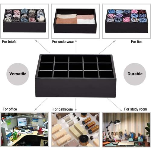 GOBAM Bamboo Closet Drawer Organizer, 15 Compartments - Drawer Divider & Storage Box for Ties, Bras, Briefs, Socks & Jewelry - Storage Organizer for Dressing Room & Bedroom - Black