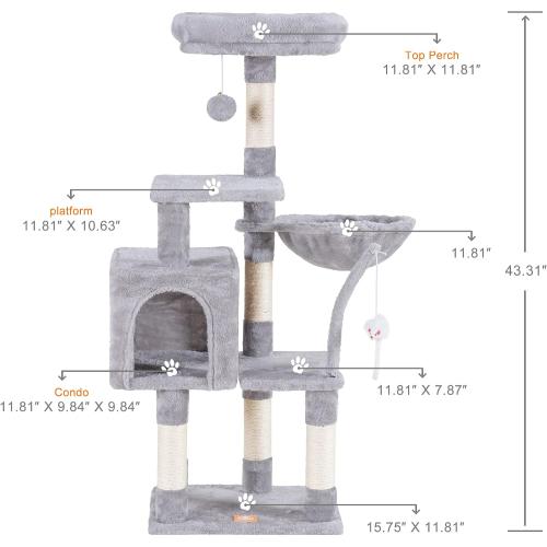 Heybly Cat Tree with Toy, Cat Tower Condo for Indoor Cats, Cat House with Padded Plush Perch, Cozy Hammock and Sisal Scratching Posts, Light Gray HCT004SW