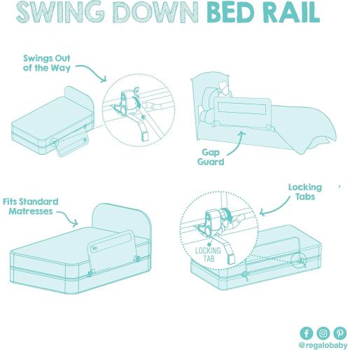 Regalo Swing Down Toddler Bed Rail Guard, NO Tools Required, Bed Rail for Toddlers with Patented Gap Guard, Toddler Bed Rail, Fits Twin, Full & Queen Beds, Bed Safety Rail for Kids Bed, 43” Long