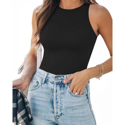 Medium MANGOPOP Tank Top Body Suits Women Sexy Crew Neck Racerback Halter Ribbed Sleeveless Bodysuit for Women