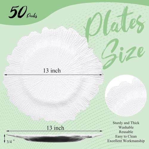 50 Pcs White Charger Plates Bulk 13 Inch Plastic Plate Chargers with Floral Reef Design Round Ruffled Rim Dinner Floral Decorative Plates for Dinner Wedding Party Event Table Setting Decoration