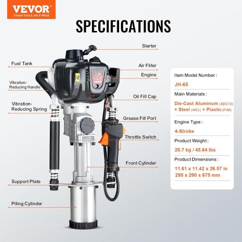 VEVOR 37.77cc Gas-Powered T Post Driver, 4-Stroke Engine Gasoline Fence Piling Pounder, with 3 Post Driving Head(45/55/88 mm), 1000W Portable Piledriver For Farm, Ranch Fencing, Road Improvements