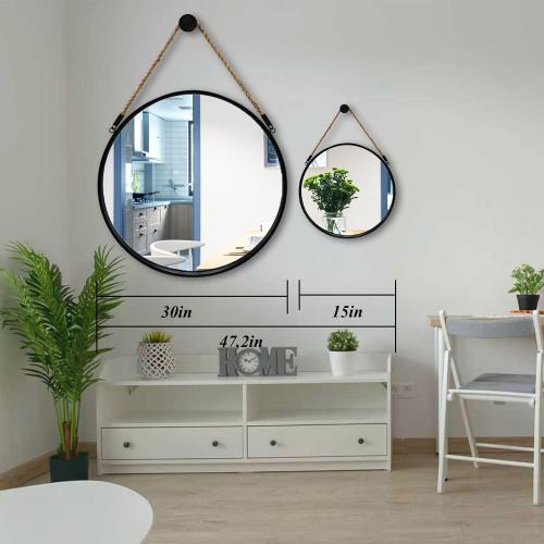 POZINO Round Mirror, 15 Rope Hanging Mirror, Farmhouse Circle Mirrors, Black Metal Frame Wall Mirrors for Bathroom, Bedroom, Living Room, Entryway, Fireplace, Home Decor