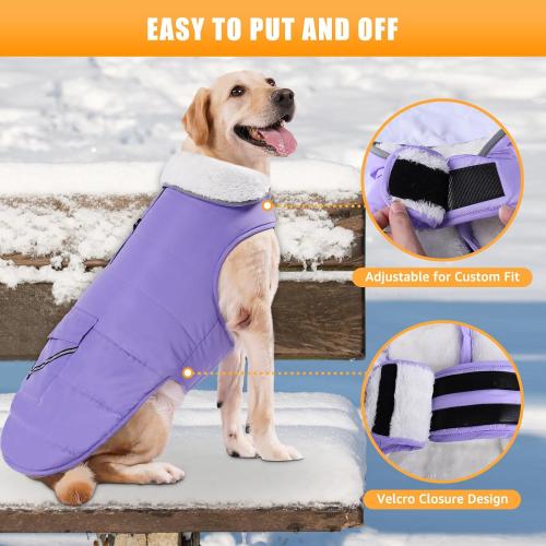 iBuddy Dog Winter Coat for X-Large Dogs, Easy on Dog Snow Fleece Coat Velcro Waterproof Pet Puffer Jacket with Harness Hole Adjustable Reflective Quilted Pet Cold Weather Vest for Girl Female