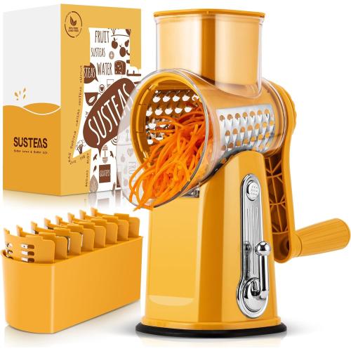 SUSTEAS Rotary Cheese Grater with Handle - Vegetable Shredder with 5 Well-designed Blades & Strong Suction Base,Round Mandoline Slicer & Food Chopper for Kitchen,with Blade Storage Box(Yellow)