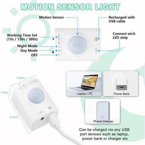 Motion Sensor LED Light Strip - Under Cabinet & Indoor Closet Lights, 6.56ft, 6000K