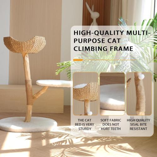 Modern Cat Tree, Natural Pear Wooden Cat Tower for Indoor Cats, Real Branch Luxury Cat Condo with Scratching Post & Hanging Toy Ball（35 Tall）