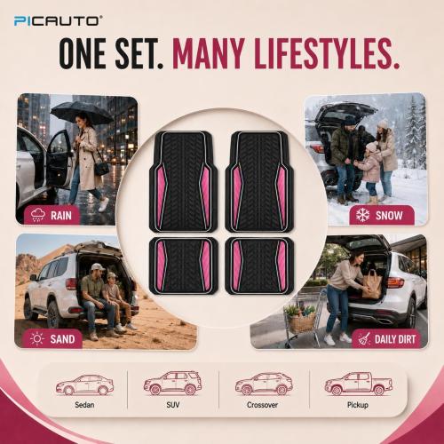 PIC AUTO Car Floor Mats, Pink Aluminum-Molded with Full-Circle Iridescent Inlay Strip Car Mats, Universal-Fit Rubber Mats for Cars, Trucks & SUVs, All-Weather, Non-Slip, Easy-to-Clean Interior Mats