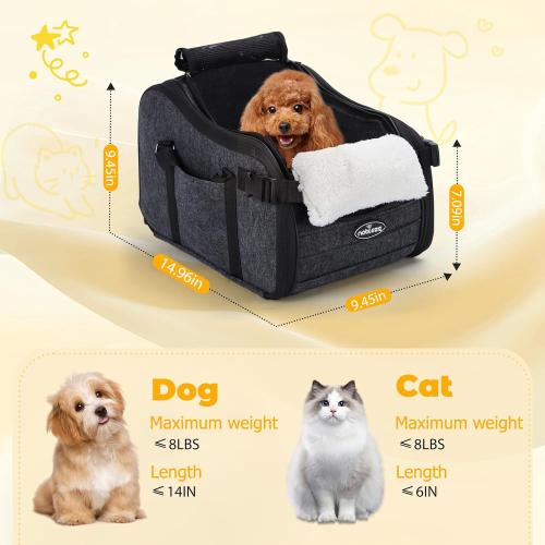 New Nobleza Dog Car Seat for Center Console, Detachable Console Pet Seat for Small Puppy Cat Kitten with Safety Protective Hooks, Adjustable Straps Storage Pocket & Safety Leash for Outdoor Travel