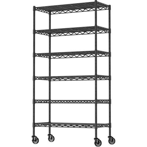 6-Shelf Adjustable Heavy Duty Storage Shelving Unit, Metal Organizer Wire Rack for Laundry Bathroom Kitchen Pantry Closet with Wheels, Black