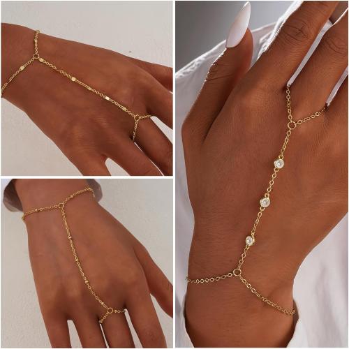 3PCS 14K Gold-Plated Hand Chain Bracelets for Women, Stack Bracelets Set Adjustable, Trendy Dainty Ring Bracelet Hand Chain
